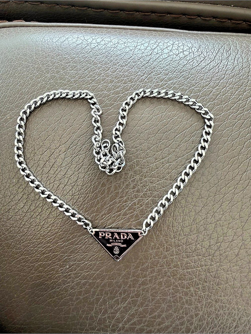 Luxe Reworked Prada Triangle Pendant Chain Necklace Black Silver Like New